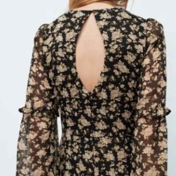 Zara Black and Gold Ruffled Printed Midi Dress NWT Size L - Picture 2 of 5